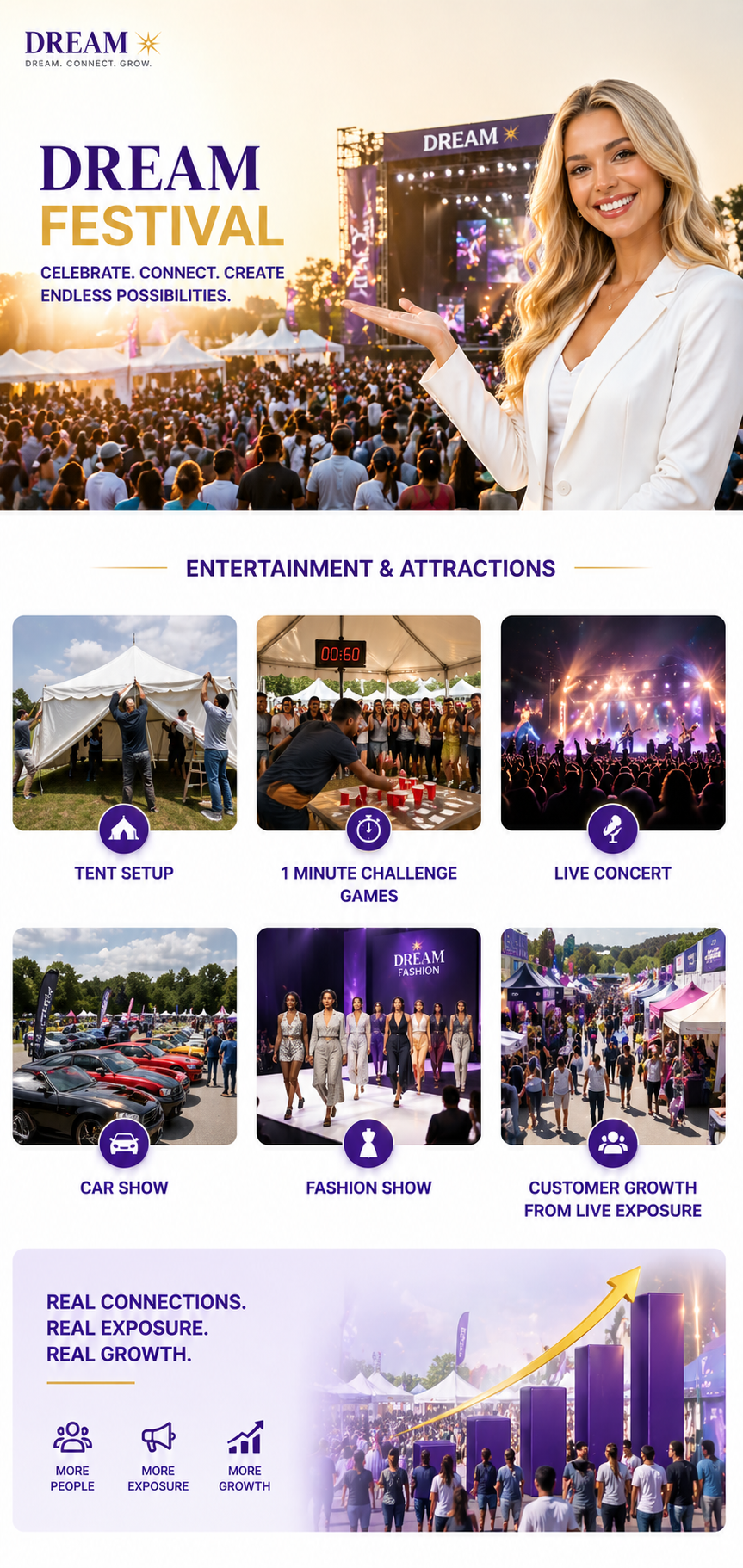 Dream Festival hero with live event, entertainment anchors, and customer growth visuals