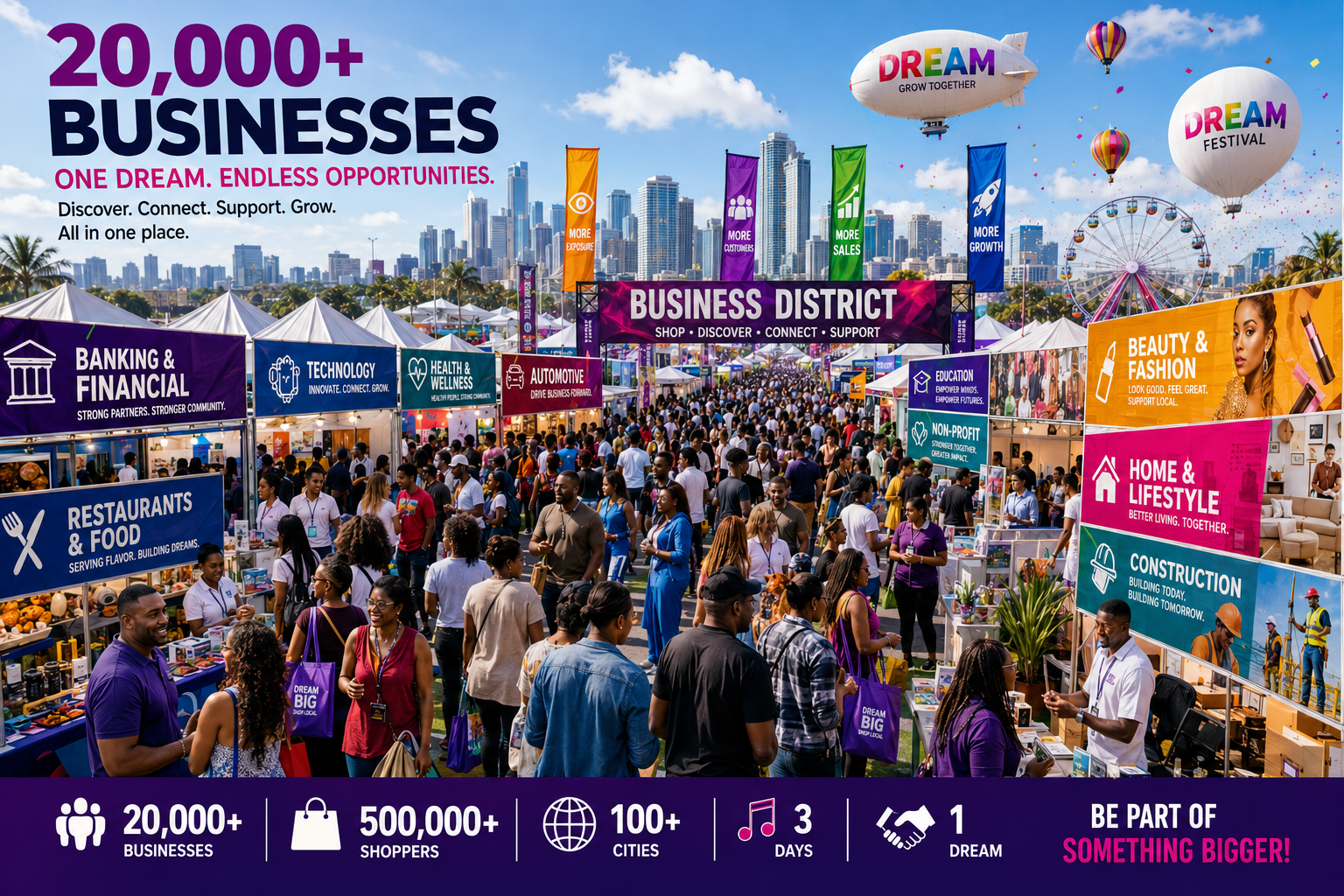 Dream Festival business district with thousands of businesses and shoppers
