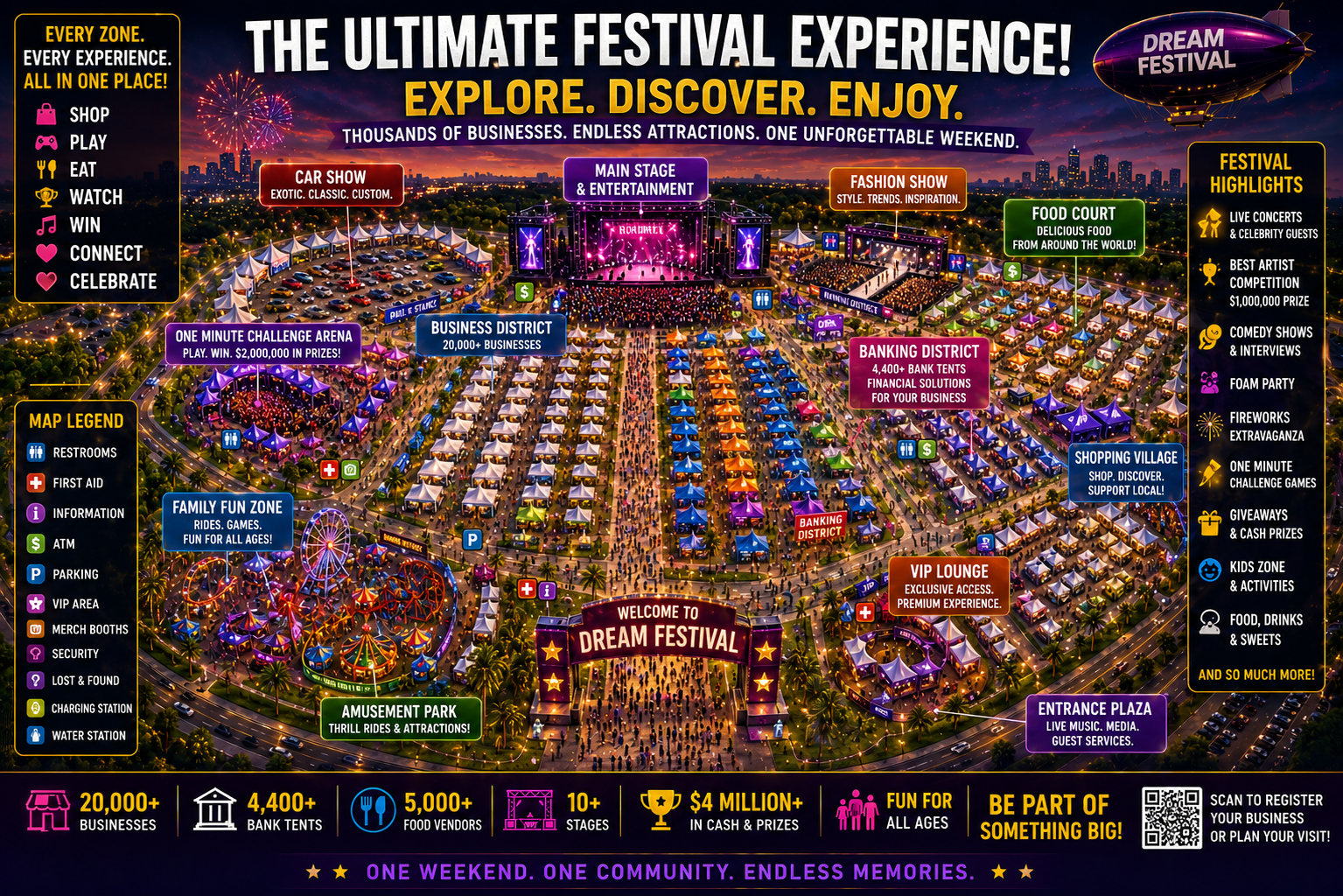 Dream Festival explore map with business district, banking district, food court, VIP, and amusement park