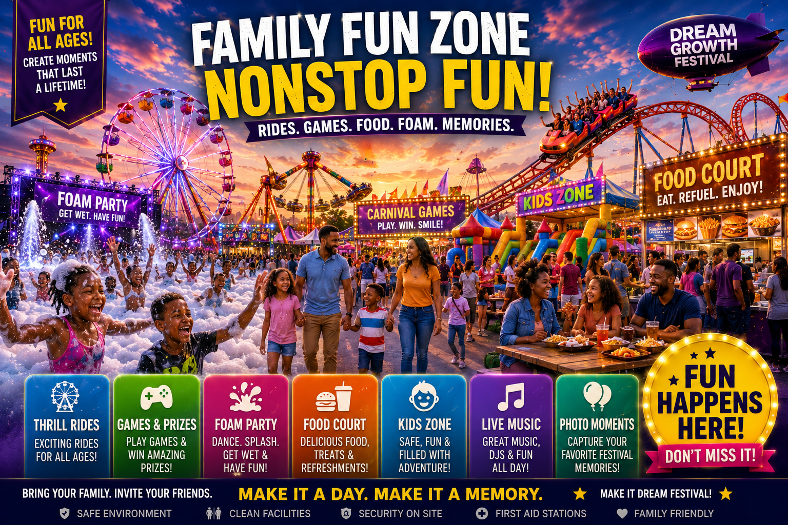 Dream Festival family fun zone with rides, foam party, food court and kids activities