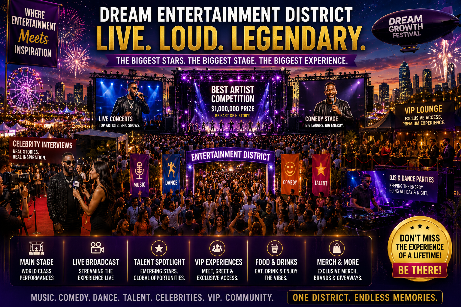Dream Festival entertainment district with main stage, comedy, media and VIP lounge