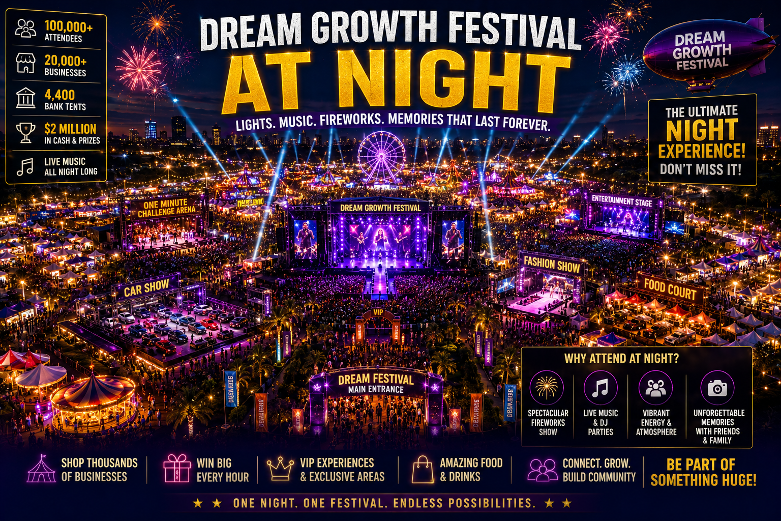 Dream Festival at night with fireworks, stages, car show, fashion show, food court and crowds