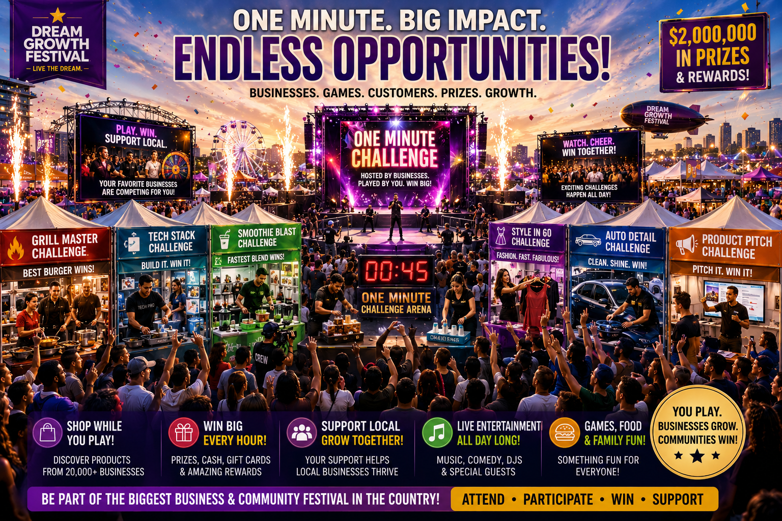 Dream Festival one-minute challenge arena with business tents and cheering crowds
