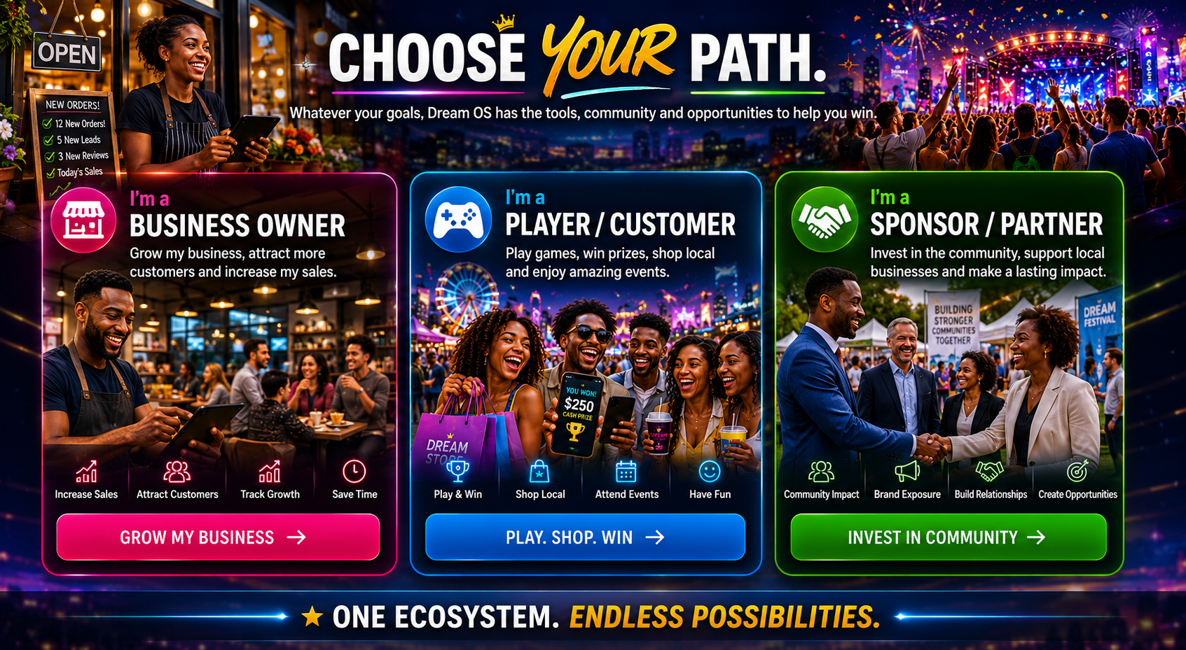 Choose Your Path section showing business owner, player customer, and sponsor partner options