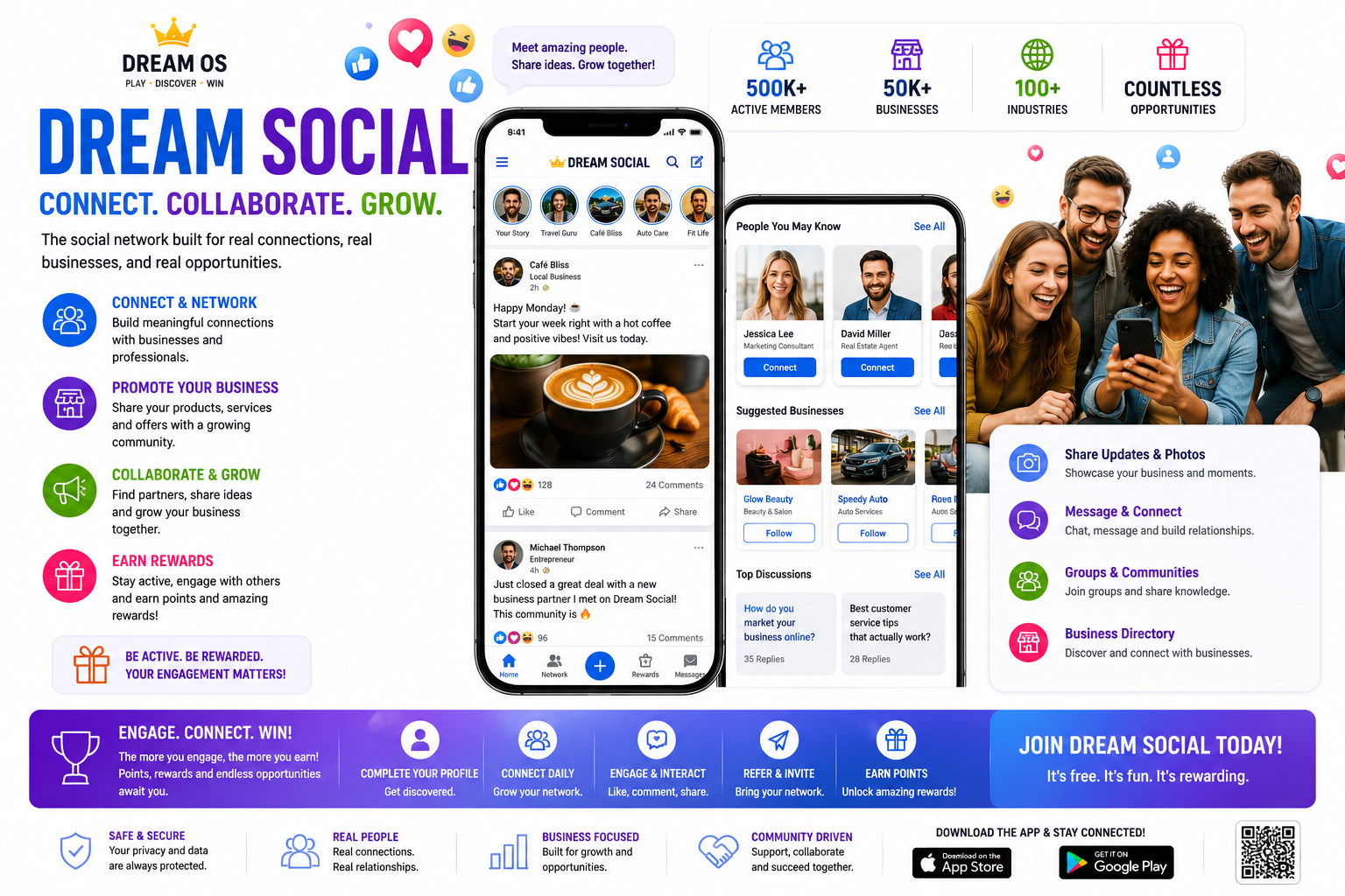 Dream Social networking showing business posts, social feed, groups, messaging, business directory, and people connecting like a fun social network
