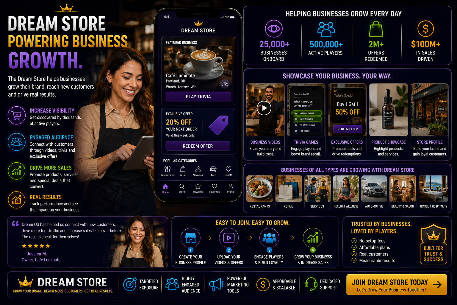 Dream Store growth showing business offers, videos, products, categories, and sales growth