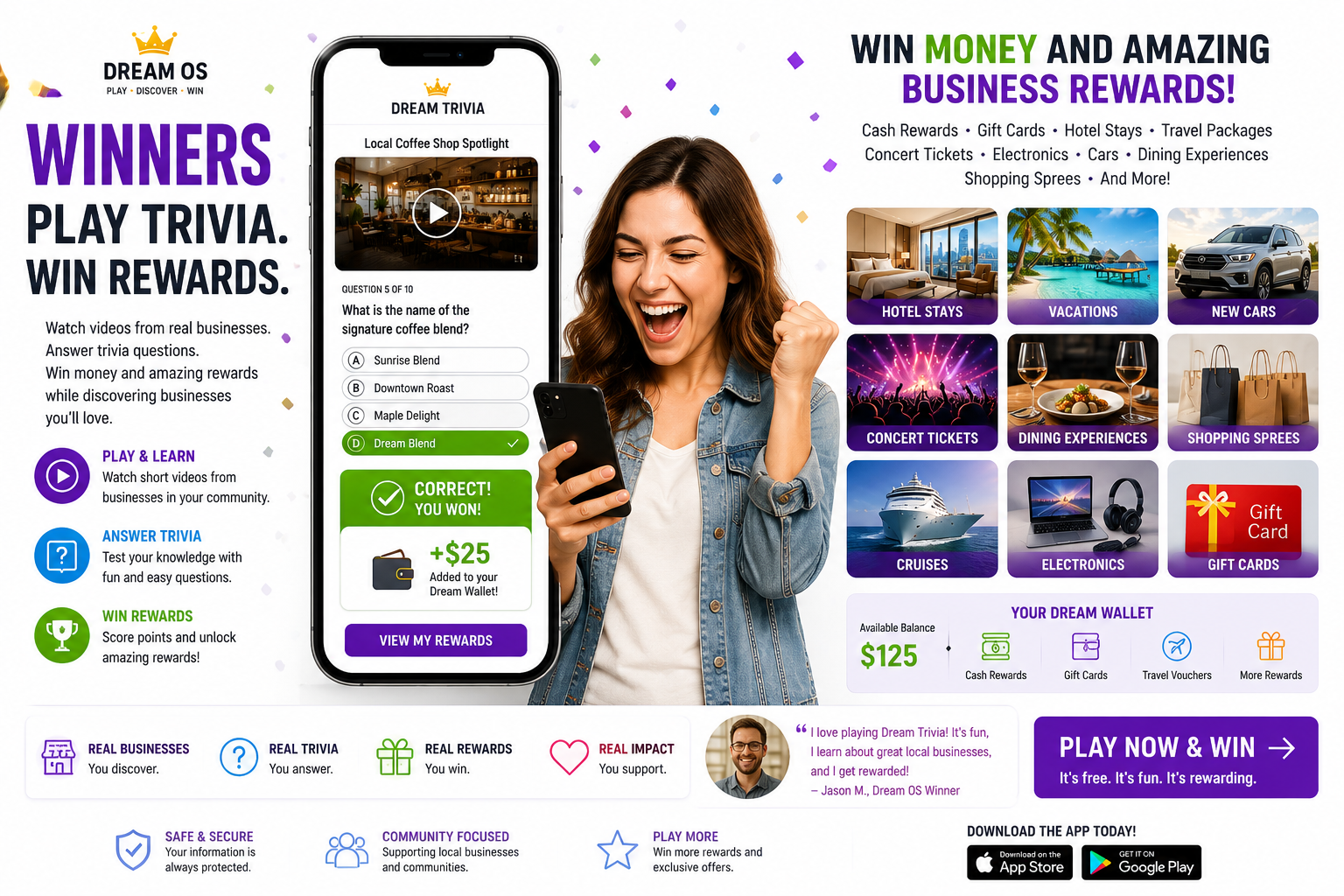 Dream Trivia winner celebrating a reward in a clean, bright, friendly rewards experience