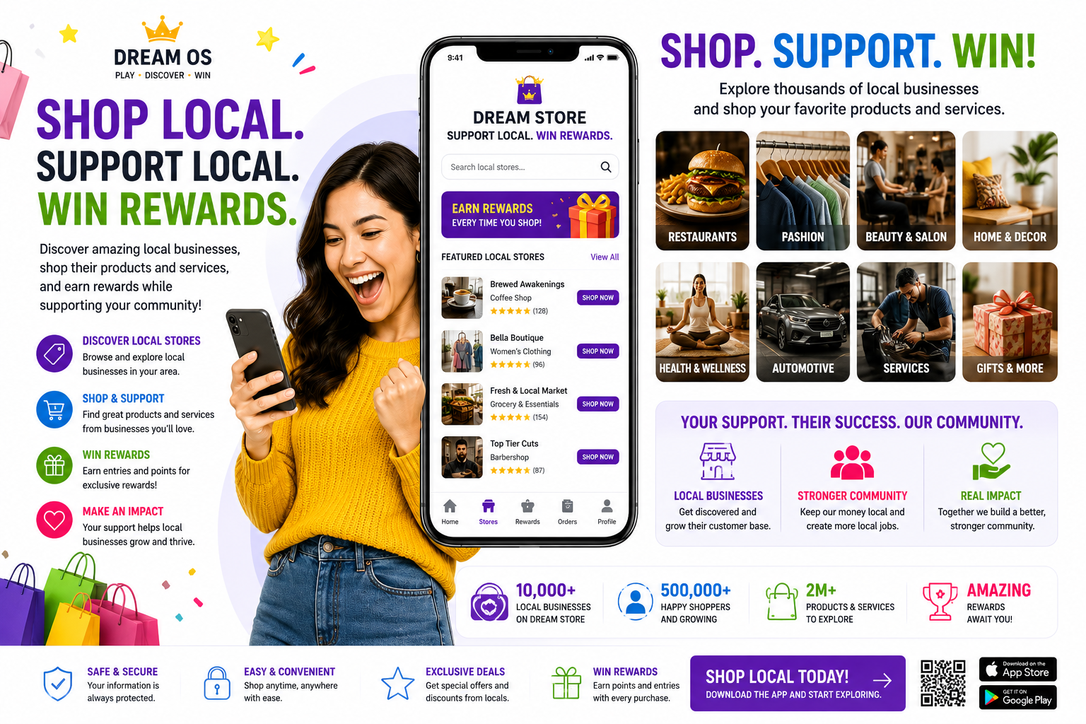 Local Store shopping with local businesses, products, services, rewards, and community support