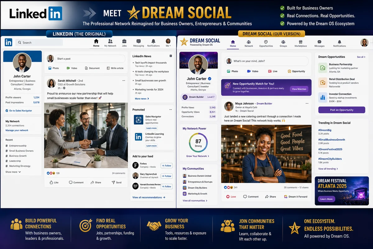 Think LinkedIn compared with Dream Social