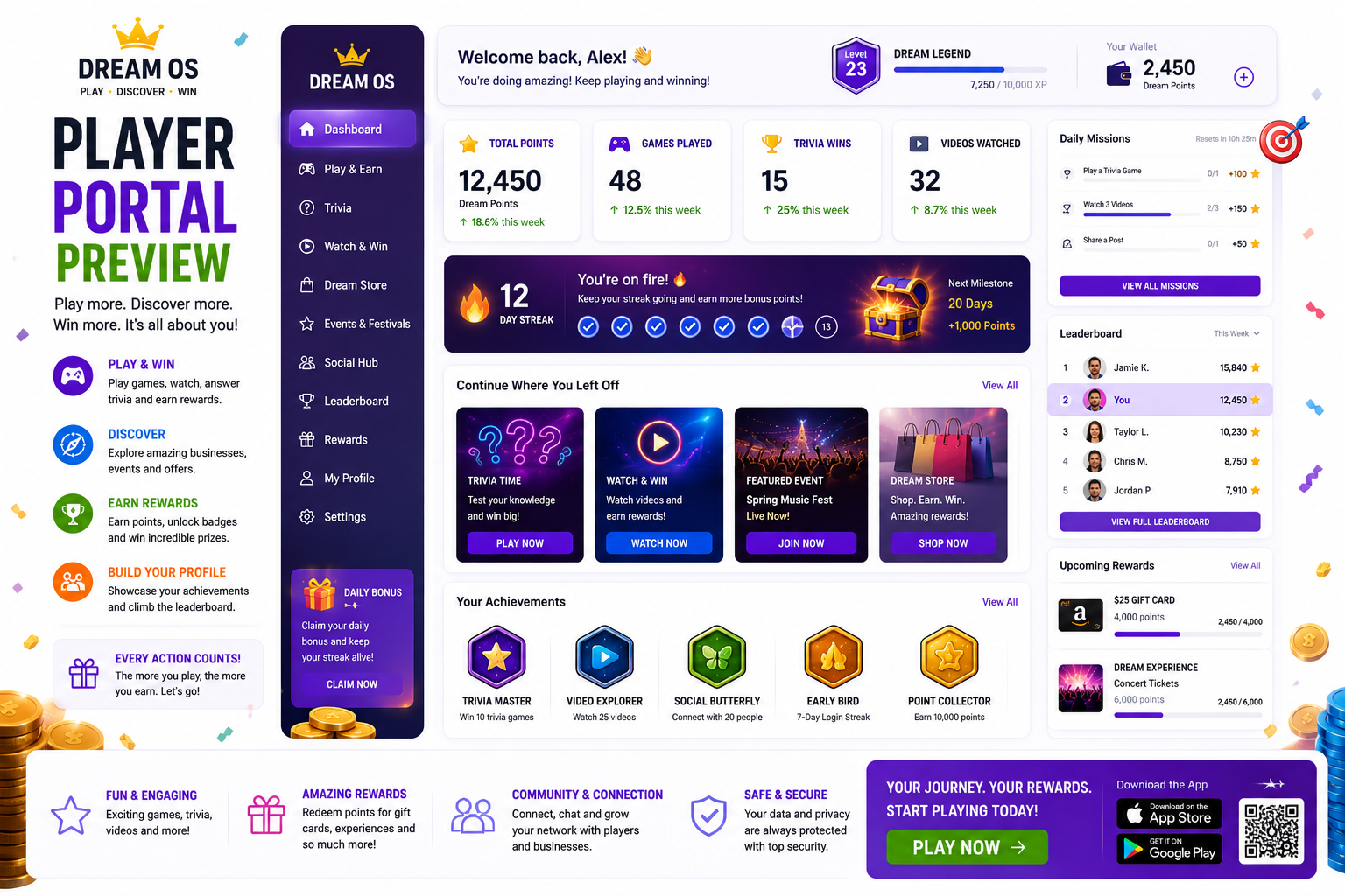 Player Home preview showing points, missions, trivia wins, videos watched, rewards, leaderboard, wallet, and fun player progress